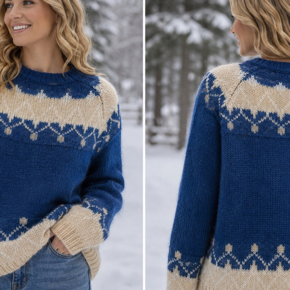 No Brand Sweaters - Navy Blue and Cream Fair Isle Crewneck Sweater